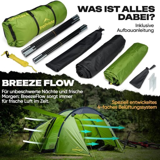 trailvista Tunnelsátor 4 Személyes Vízálló Kemping Sátor Előtérrel - Könnyű Gyors Felállítású Családi Túrasátor UV Védelem