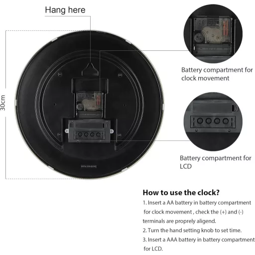 Lafocuse Csendes Falióra Naptárral, LCD Kijelzővel és Hőmérővel, 30 cm