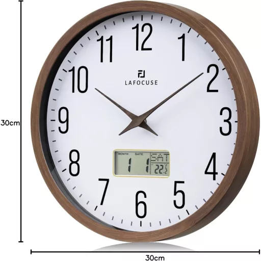 Lafocuse Csendes Falióra Naptárral, LCD Kijelzővel és Hőmérővel, 30 cm