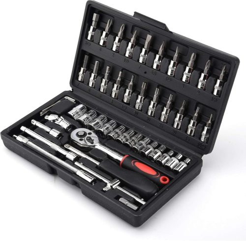 Set de chei tubulare DTXDTech, 46 de piese, cu clichet de 1/4" - trusă de scule din oțel crom-vanadiu pentru mașină și uz casnic
