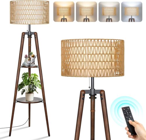 Lampadar LED din lemn OUTON cu Trepied și Raft - Telecomandă, 4 Temperaturi de Culoare, Temporizator, Abajur Dublu, Culoare Nuc, Iluminare pentru Living și Dormitor