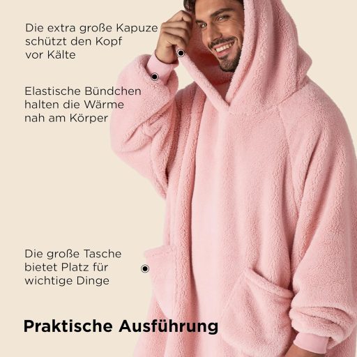 BEDSURE Kapucnis Takaró Ujjal - Puha Meleg Viselhető Takaró Nőknek, Rózsaszín 95x85cm