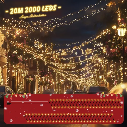 SALCAR 20m 2000 LED vianočná svetelná reťaz s 8 režimami, vodotesná dekorácia do exteriéru aj interiéru, teplá biela