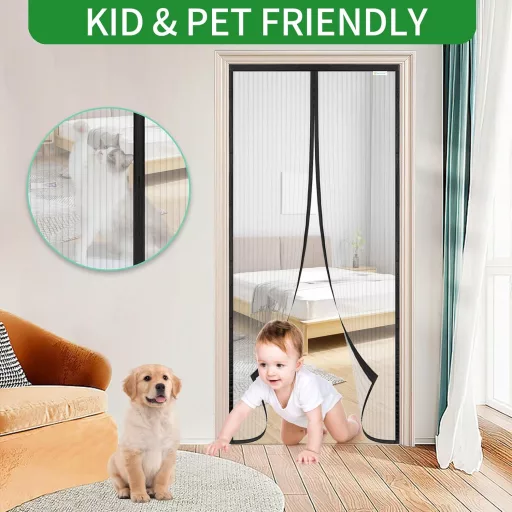 Plasă de țânțari magnetică pentru ușă Meet Beauty 80x215cm, fără găurire, plasă împotriva insectelor de culoare neagră pentru ușă de balcon