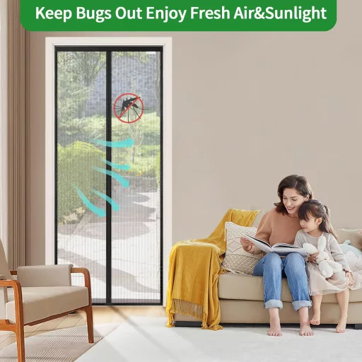 Plasă de țânțari magnetică pentru ușă Meet Beauty 80x215cm, fără găurire, plasă împotriva insectelor de culoare neagră pentru ușă de balcon