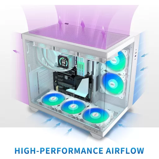 MUSETEX Y6 ATX Gamer Ház 360mm, 6 ARGB Ventilátor, Üveg Oldal, Type-C, Fehér