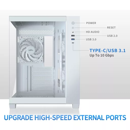 MUSETEX Y6 ATX Gamer Ház 360mm, 6 ARGB Ventilátor, Üveg Oldal, Type-C, Fehér