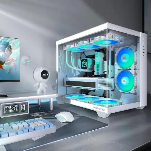 Carcasă PC ATX Gamer MUSETEX Y6 360mm, 6 Ventilatoare ARGB, Panou Lateral din Sticlă, Type-C, Alb