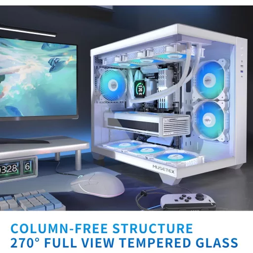 Carcasă PC ATX Gamer MUSETEX Y6 360mm, 6 Ventilatoare ARGB, Panou Lateral din Sticlă, Type-C, Alb