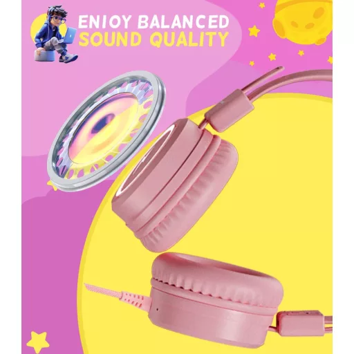 KONNAO Gyerek Fejhallgató Iskolához USB-C LED Világítással, Összecsukható Vezetékes Fülhallgató Mikrofonnal 85/94 dB Hangerő Korlátozóval