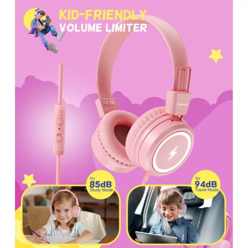 KONNAO Gyerek Fejhallgató Iskolához USB-C LED Világítással, Összecsukható Vezetékes Fülhallgató Mikrofonnal 85/94 dB Hangerő Korlátozóval