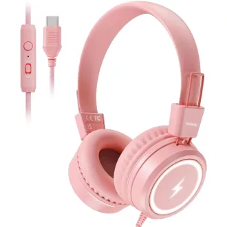   Detské slúchadlá KONNAO do školy s USB-C, LED osvetlením, skladacie káblové slúchadlá s mikrofónom a obmedzovačom hlasitosti 85/94 dB