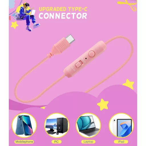 Detské slúchadlá KONNAO do školy s USB-C, LED osvetlením, skladacie káblové slúchadlá s mikrofónom a obmedzovačom hlasitosti 85/94 dB