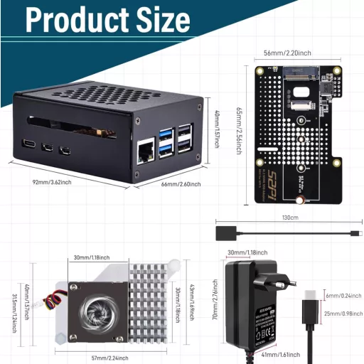 GeeekPi Raspberry Pi 5 8GB Kezdő Szett M.2 NVMe SSD Kártyával, Fém Ház, Aktív Hűtő, 64GB SD Kártya, HDMI Kábel, 27W Tápegység