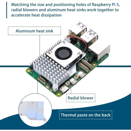 GeeekPi Raspberry Pi 5 8GB Kezdő Szett M.2 NVMe SSD Kártyával, Fém Ház, Aktív Hűtő, 64GB SD Kártya, HDMI Kábel, 27W Tápegység