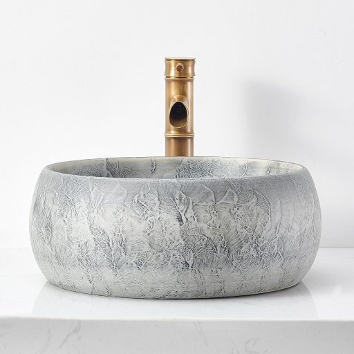 NATURFLAIR Kerámia Mosdókagyló - Kerek Pultra Szerelhető Kézmosó 39x15,5 cm, Kézzel Készített, Cement Szürke, Modern Fürdőszobai Mosdótál