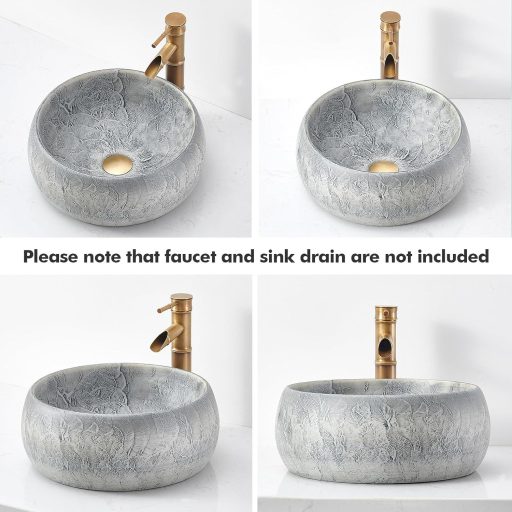 NATURFLAIR Keramički Umivaonik - Okrugli Nadgradni Umivaonik za Ruke 39x15,5 cm, Ručno Rađen, Cementno Siva, Moderna Kupaonska Posuda