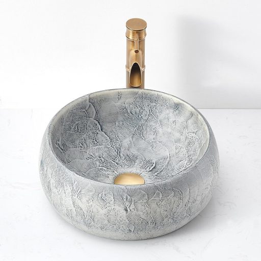 NATURFLAIR Kerámia Mosdókagyló - Kerek Pultra Szerelhető Kézmosó 39x15,5 cm, Kézzel Készített, Cement Szürke, Modern Fürdőszobai Mosdótál