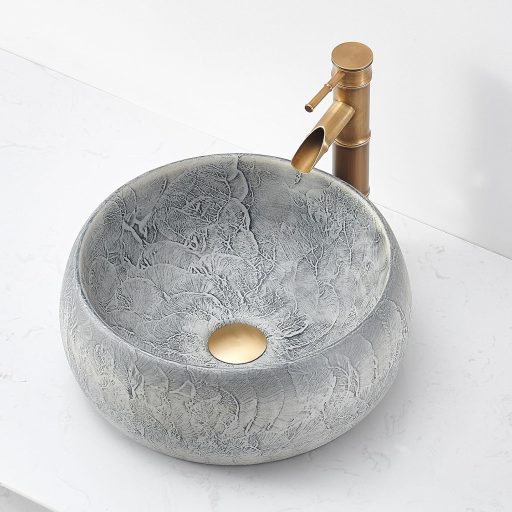 NATURFLAIR Kerámia Mosdókagyló - Kerek Pultra Szerelhető Kézmosó 39x15,5 cm, Kézzel Készített, Cement Szürke, Modern Fürdőszobai Mosdótál