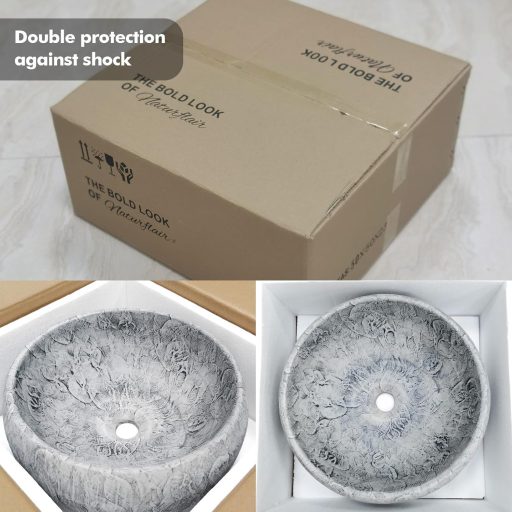 Chiuvetă ceramică NATURFLAIR - Lavoar rotund, montare pe blat, 39x15,5 cm, lucrat manual, gri ciment, vas de spălare modern pentru baie