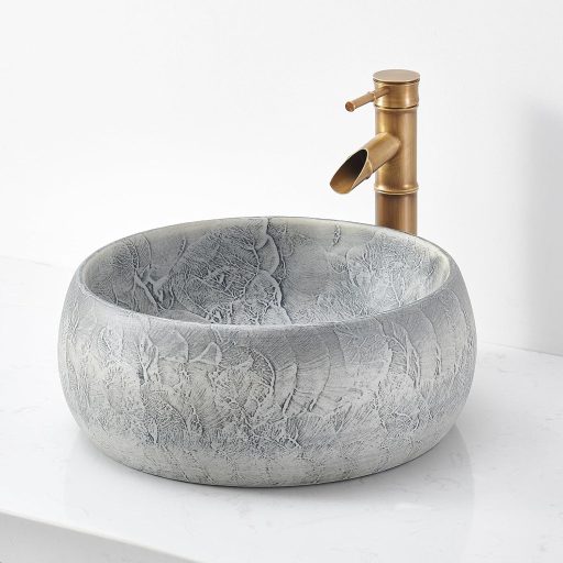 Chiuvetă ceramică NATURFLAIR - Lavoar rotund, montare pe blat, 39x15,5 cm, lucrat manual, gri ciment, vas de spălare modern pentru baie