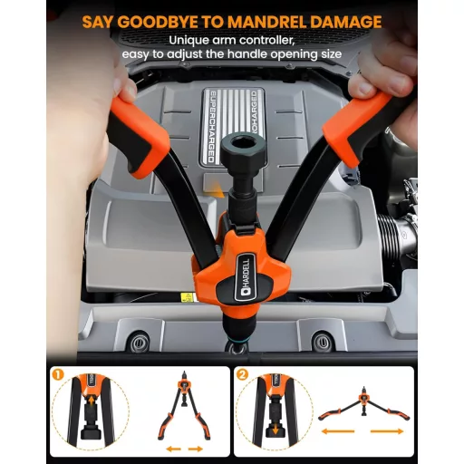 Clește pentru piulițe nituite HARDELL, 40,6 cm, 13 mandrine metrice și SAE, 186 piulițe nituite, valiză de transport