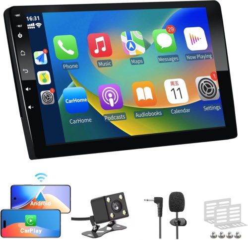 LSLYA 9" 2 DIN Radio auto Android 13 - 2GB/32GB, Apple CarPlay și Android Auto wireless, Bluetooth, GPS, WiFi, FM, cu cameră de marșarier