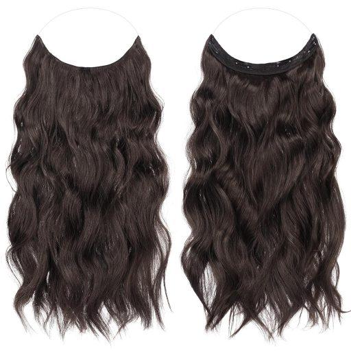 FESHFEN Neviditeľné predlžovanie vlasov - 50 cm Vlnité Syntetické Vlasy Prívesky Tmavohnedá Čokoládová Farba - Zhusťovanie Vlasov pre Ženy