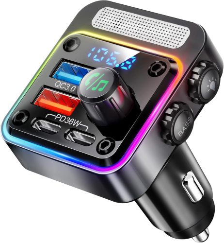 Nulaxy 54W Bluetooth 5.3 FM Transzmitter Autóba - 4 Töltőporttal (PD 36W & QC3.0 18W), 5 Színű LED Háttérvilágítás, Mélyhangzású Lejátszó, K