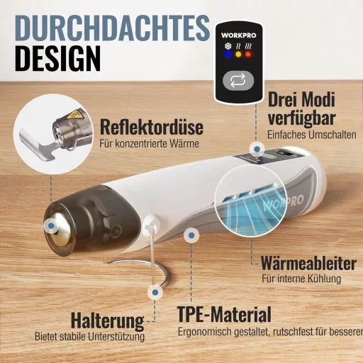 WORKPRO 7.2V Vezeték Nélküli Mini Hőlégfúvó 150-360°C Gyors Fűtéssel és Reflektor Fúvókával