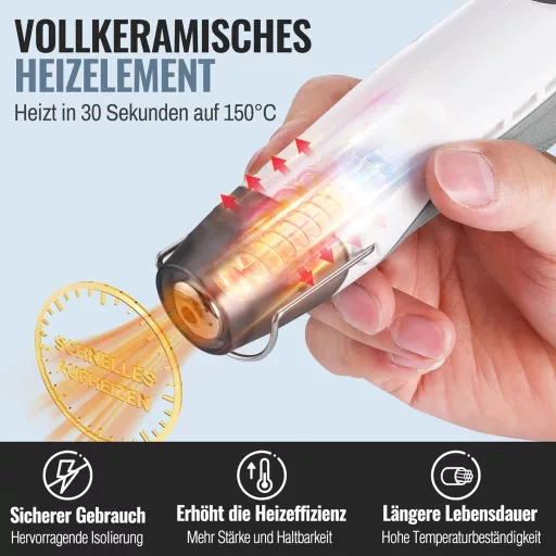 WORKPRO 7.2V Vezeték Nélküli Mini Hőlégfúvó 150-360°C Gyors Fűtéssel és Reflektor Fúvókával