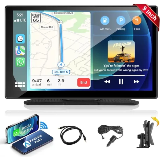 Podofo 9" IPS autorádio s bezdrôtovým Apple CarPlay a Android Auto - Dotykový Bluetooth prehrávač médií, FM, USB, AUX