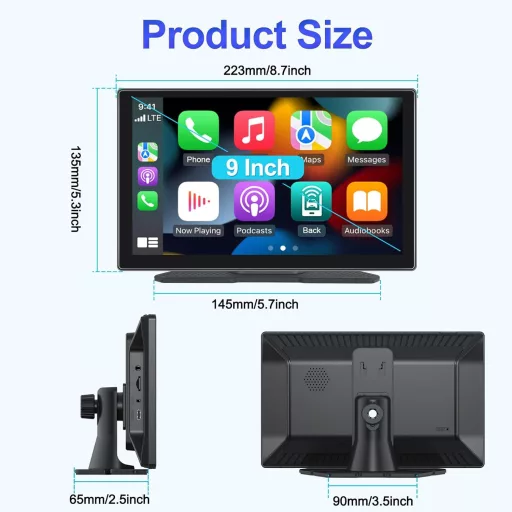 Podofo 9" IPS autorádio s bezdrôtovým Apple CarPlay a Android Auto - Dotykový Bluetooth prehrávač médií, FM, USB, AUX