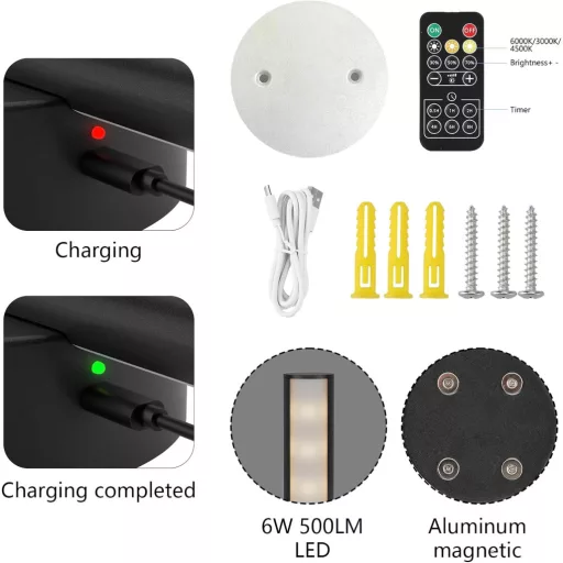 Aipsun Akkumulátoros Fali Lámpa 10000 mAh - 80 cm Távirányítós LED Világítás Időzítővel, Fényerőszabályzóval, Vezeték Nélküli Modern Fekete