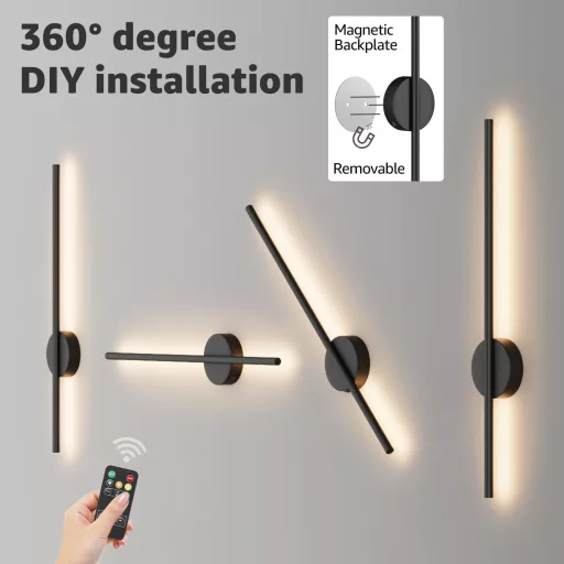 Aipsun Akkumulátoros Fali Lámpa 10000 mAh - 80 cm Távirányítós LED Világítás Időzítővel, Fényerőszabályzóval, Vezeték Nélküli Modern Fekete