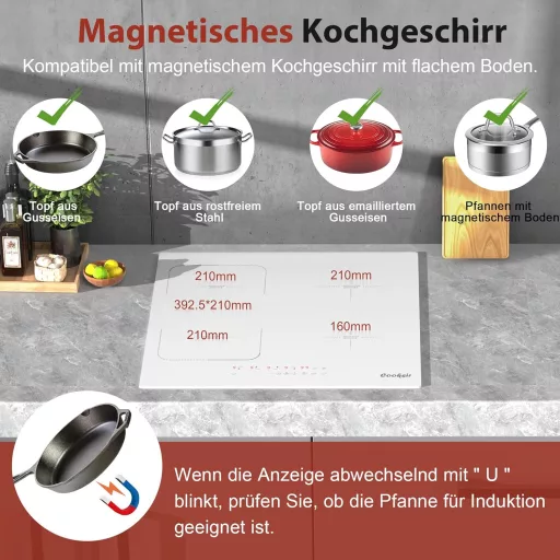 Indukčná varná doska Cooksir so 4 zónami, výkonom 3500 W, 59 cm vstavanou bielou sklokeramickou plochou, kombinovanou zónou a zástrčkou