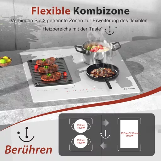 Cooksir 4 zónás indukciós főzőlap 3500W teljesítménnyel, 59 cm-es beépíthető fehér kerámiaüveg felülettel, kombinált zónával és dugvillás cs