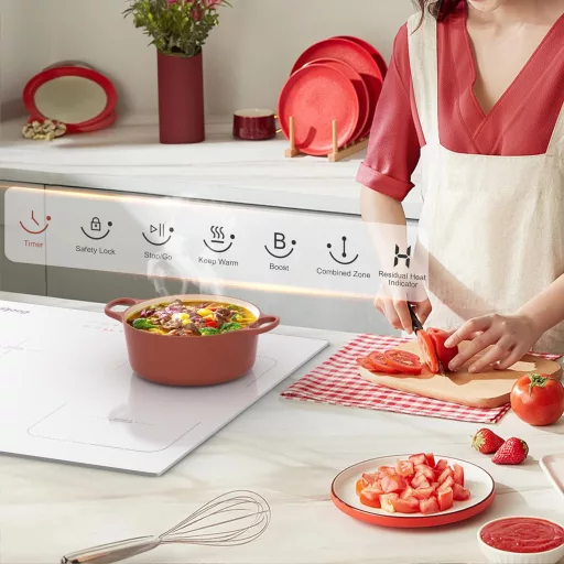 Cooksir 4 zónás indukciós főzőlap 3500W teljesítménnyel, 59 cm-es beépíthető fehér kerámiaüveg felülettel, kombinált zónával és dugvillás cs