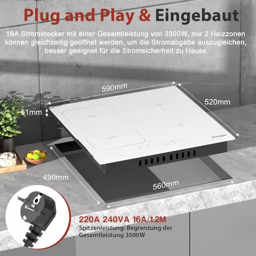 Cooksir 4 zónás indukciós főzőlap 3500W teljesítménnyel, 59 cm-es beépíthető fehér kerámiaüveg felülettel, kombinált zónával és dugvillás cs