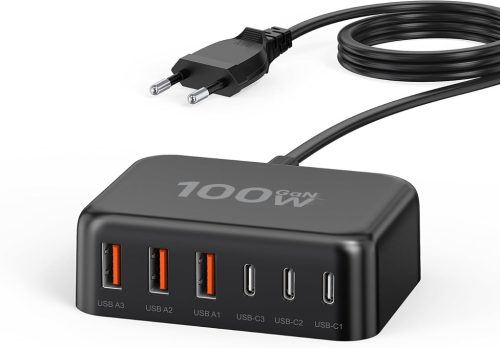 Încărcător Zomvan 100W USB-C cu Încărcare Rapidă, Stație de Încărcare cu 6 Porturi - 3 Porturi USB-C și 3 Porturi USB-A, Compatibil cu iPhone 16/15/14, Samsung S24/S23, iPad, Negru
