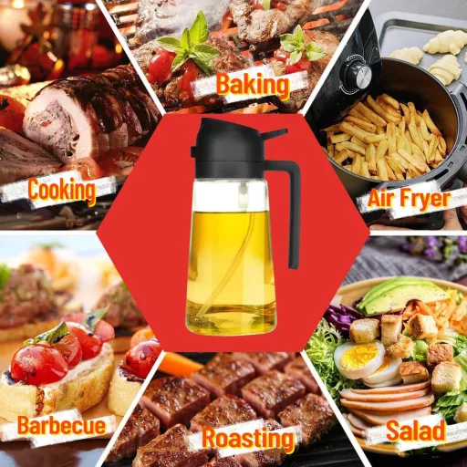 Zouwel 2 v 1 Olejový rozprašovač 500ml - Sklenený dávkovač oleja a sprejová fľaša na varenie, pečenie, grilovanie - Nepriepustný kuchynský rozprašovač oleja