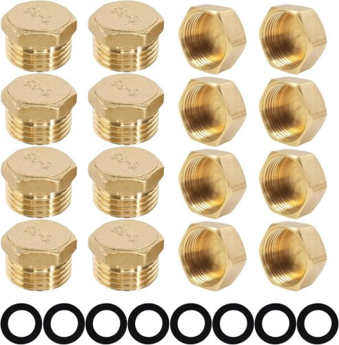 NIYATA Set de 24 de dopuri din cupru de 1/2 inch, cu filet exterior și interior, capace de închidere pentru conducte de apă cu inele de etanșare, pentru sisteme de țevi de grădină.