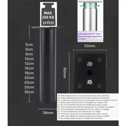 PUTOAHAO 4 db állítható bútor láb, alumínium, 38 mm, 0-15 mm magasság, fekete
