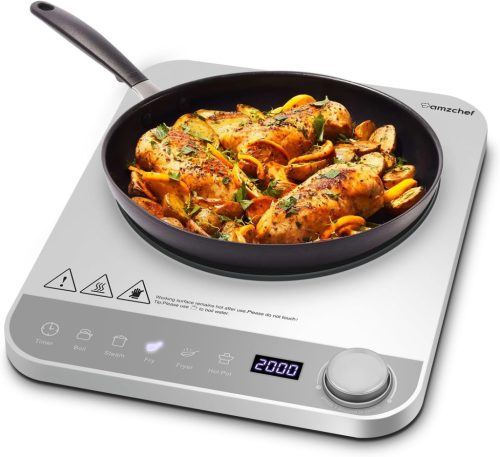 Plită cu Inducție AMZCHEF, Design Subțire, Buton Rotativ Electronic, 10 Nivele de Putere, 2000W, Temporizator, Argintiu, Oprire Automată