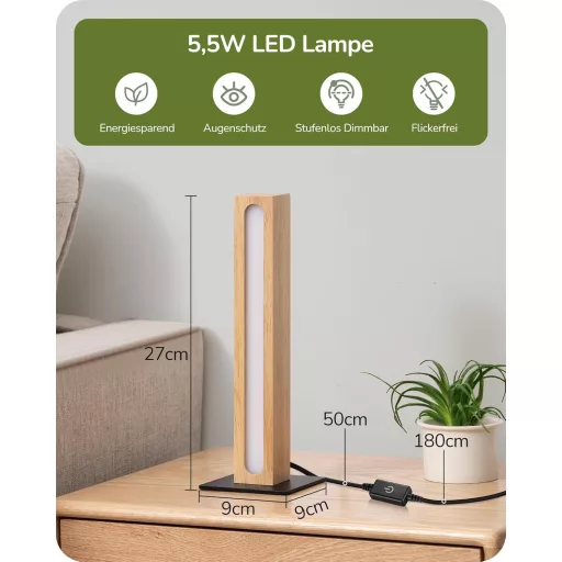 Lampă de birou EDISHINE din lemn - Control tactil, intensitate reglabilă, lampă de noptieră LED cu 3 temperaturi de culoare și funcție de memorie pentru dormitor, living