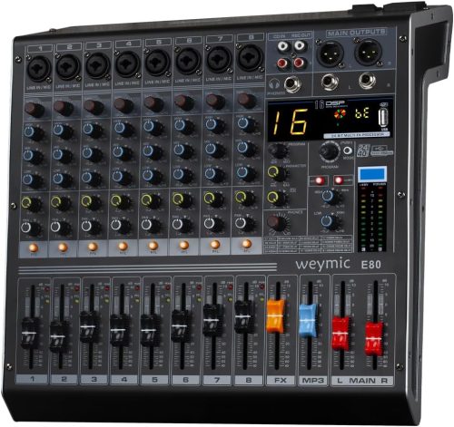 Weymic E-Series 8 csatornás professzionális keverőpult DJ-knek, stúdiófelvételhez, karaokéhoz - USB, XLR, 48V fantomtáp, Bluetooth