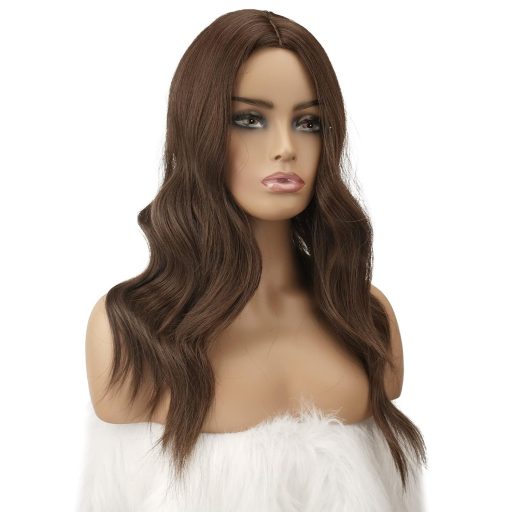 FESHFEN dlhá hnedá kučeravá parochňa 60 cm so stredovou cestičkou, dámska syntetická vlnitá