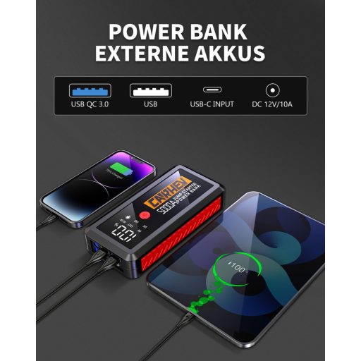 CARHEV 5000A Autós Indításrásegítő Powerbank, 12V Bikázó 8.0L Benzin/Dízel Motorokhoz, 26800mAh USB Gyorstöltő, LED Lámpa, IP65