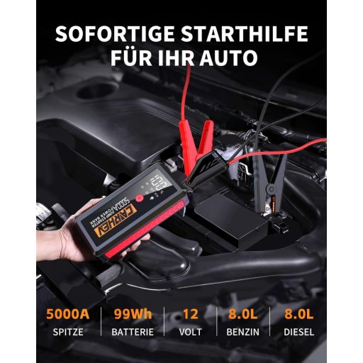 CARHEV 5000A Powerbank Auto Booster, 12V Asistență Pornire Motoare Benzină/Diesel de 8.0L, Încărcător Rapid USB 26800mAh, Lampă LED, IP65
