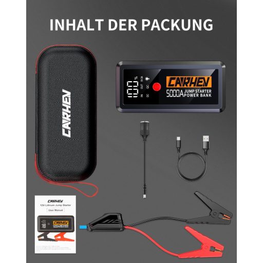 CARHEV 5000A Powerbank Auto Booster, 12V Asistență Pornire Motoare Benzină/Diesel de 8.0L, Încărcător Rapid USB 26800mAh, Lampă LED, IP65